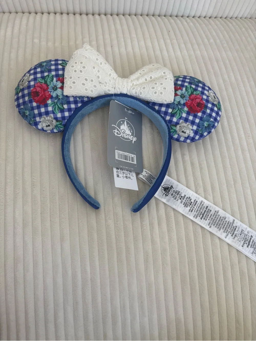 💥NEW💥 Disney Blue Floral Plaid Minnie Ears Headband with White Bow